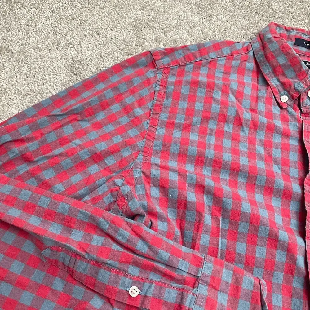 J.Crew Flex Washed Slim Fit Shirt Mens Medium Red Blue Plaid Long Sleeve Casual